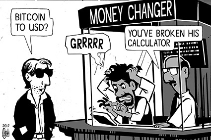 Cartoon: Bitcoin to US Dollar (medium) by sinann tagged bitcoin,currency,us,dollar,rates,changer,money