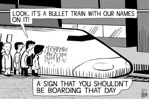 Cartoon: Bullet train ride (medium) by sinann tagged bullet,train,sign,passengers,boarding,names
