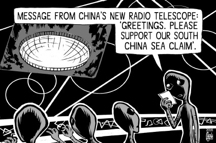 Cartoon: China radio telescope (medium) by sinann tagged china,radio,telescope,south,sea,claim