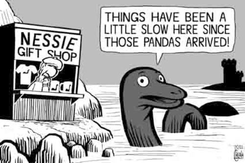 Cartoon: Pandas in Scotland (medium) by sinann tagged giant,pandas,scotland,nessie,loch,ness,monster