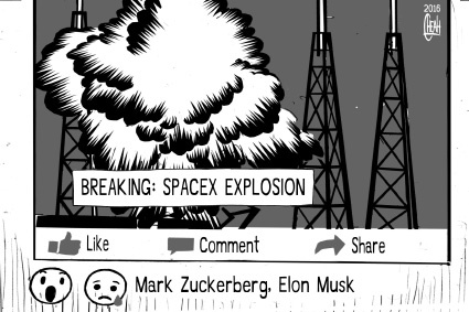 Cartoon: SpaceX explosion (medium) by sinann tagged spacex,explosion,facebook,mark,zuckerberg,elon,musk