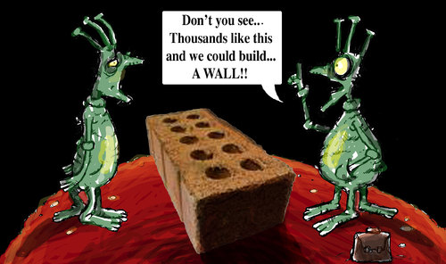 Cartoon: DEFINITELY...WE ARE NOT ALONE (medium) by ALEX gb tagged mars,universe,martians,wall,brick