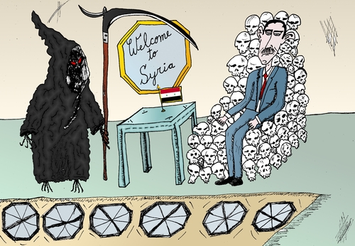 Cartoon: Assad welcomes Death in Syria (medium) by laughzilla tagged grim,reaper,bashar,assad,death,syria,damascus,throne,skulls,laughzilla,maccabre,dark,editorial,political,caricature