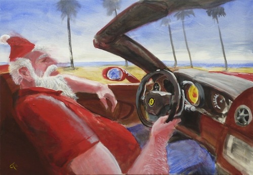 Cartoon: Weihnachtsmann in Kalifornien (medium) by gothiel tagged sommer,santa,weihnachtskarte,sportwagen