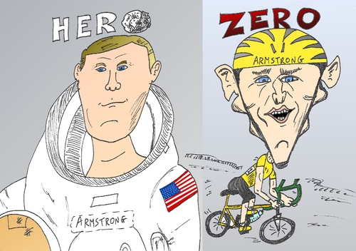 Cartoon: 2 Armstrong caricatures (medium) by BinaryOptions tagged binary,option,options,trader,trading,optionsclick,lance,neil,armstrong,cyclist,zero,astronaut,apollo,hero,moon,news,financial,editorial,business,space,sports,celebrity,celebrities,caricature,cartoon,comic,satire