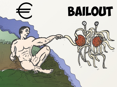 Cartoon: FSM Euro Bailout caricature (medium) by BinaryOptions tagged binary,options,trading,option,trader,cariacture,editorial,cartoon,financial,comic,business,satire,parody,painting,euro,bailout,news