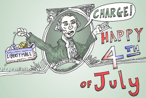 Cartoon: GW Charge on Independence Day (medium) by BinaryOptions tagged caricature,cartoon,george,washington,july,4th,independence,day,charge,visa,webcomic,optionsclick,binary,options,trading,trader,financial,debt,economics
