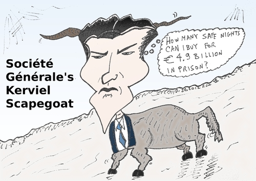 Cartoon: Jerome Kerviel scapegoat cartoon (medium) by BinaryOptions tagged jerome,kerviel,societe,generale,bank,banking,scandal,scapegoat,eur,euro,infamous,notorious,disgraced,political,caricature,editorial,business,comic,cartoon,optionsclick,binary,options,trader,option,trading,trade,news,satire