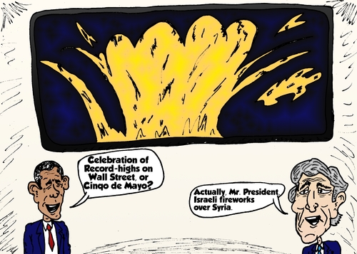 Cartoon: John Kerry Barack Obama Cartoon (medium) by BinaryOptions tagged political,politician,politics,barack,kerry,john,obama,binary,option,options,syria,israel,bombing,raid,fireworks,cinqo,mayo,realpolitik,optionsclick,news,caricature,comic,webcomic,cartoon,editorial