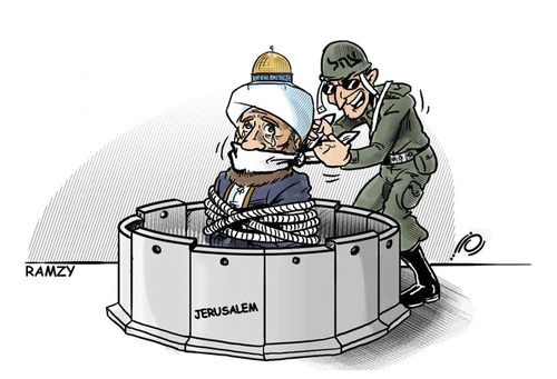 Cartoon: banning chanting the prayer call (medium) by ramzytaweel tagged pray,jerusalem,isreal,palestine,minaret,occupation
