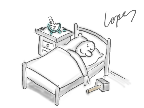 Cartoon: Annoying Alarm Clock (medium) by Lopes tagged alarm,clock,bed,bedroom,sleeping,noise,hammer,broken