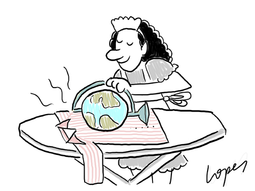 Cartoon: Global Warming (medium) by Lopes tagged iron,maid,ironing,board,globe,shirt,environment,climate,change,earth