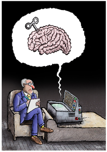 Cartoon: Computer at the psychiatrist -Ri (medium) by Ridha Ridha tagged computer,psychiatrist,complex,suffering,brain
