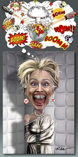 Cartoon: Hillary Clinton (medium) by Ridha Ridha tagged hillary,clinton,cartoon,by,ridha,it,is,better,to,call,this,totally,mad,and,too,aggressive,woman,lady,of,booom,baaam,binng