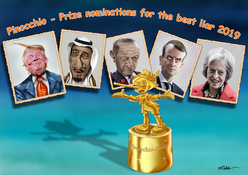 Cartoon: Pinocchio Prize 2019 (medium) by Ridha Ridha tagged pinocchio,prize,2019,cartoon,ridha,donald,trump,france,turkey,recep,tayyip,erdogan,king,of,saudi,arabia,salman,emmanuel,macron,theresa,may,united,kingdom