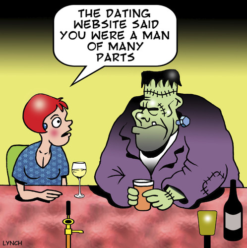 Cartoon: A man of many parts (medium) by toons tagged frankenstein,halloween,online,dating,marriage,love,social,media,website,first,date,relationships,stem,cell,research