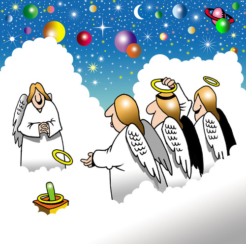 Cartoon: Angels playing quoits (medium) by toons tagged quoits,angels,heaven,universe,god,games,clouds,planets,stars,halo,religion