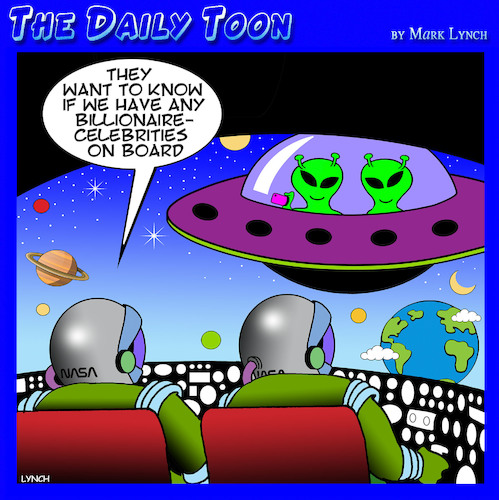 Cartoon: Billionaire astronauts (medium) by toons tagged bezos,musk,billionaires,space,program,aliens,bezos,musk,billionaires,space,program,aliens