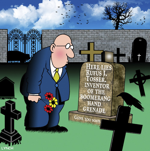 Cartoon: Boomerang (medium) by toons tagged boomerangs,hand,grenade,suicide,gravestone,tombstone,cemetary,boomerangs,hand,grenade,suicide,gravestone,tombstone,cemetary