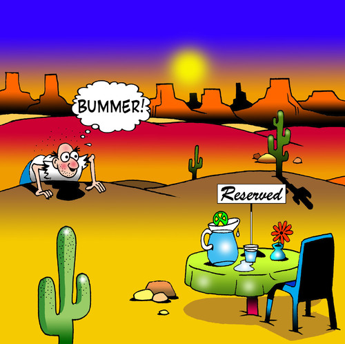 Cartoon: Bummer (medium) by toons tagged restaurant,dining,desert,island,food,drinks,marooned,reserved,signs,disappointment,cafe,snack,waiters