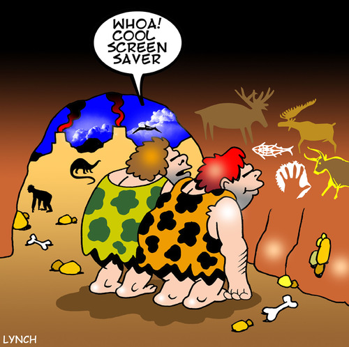 Cartoon: cool screen saver (medium) by toons tagged screen,saver,caveman,prehistoric,dinosaur,computers,television,lcd,plasma,tv,animals,cave,painting