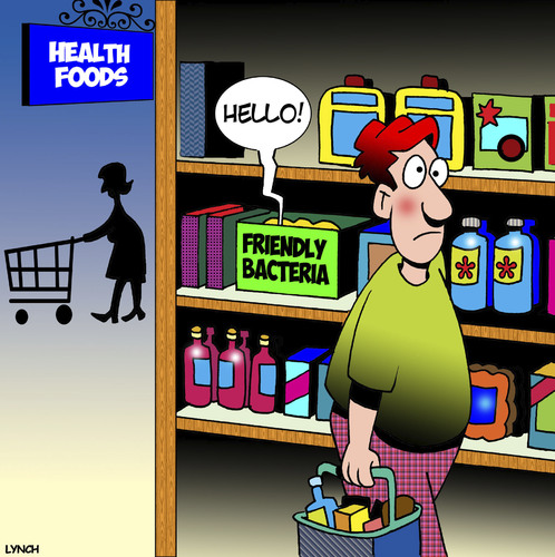 Cartoon: Friendly bacteria (medium) by toons tagged health,foods,friendly,bacteria,healthy,living,diet,greetings,supermarket,shopping,trolley,health,foods,friendly,bacteria,healthy,living,diet,greetings,supermarket,shopping,trolley