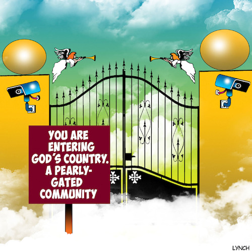 Cartoon: Gated community (medium) by toons tagged gated,community,pearly,gates,angels,gods,country,gated,community,pearly,gates,angels,gods,country