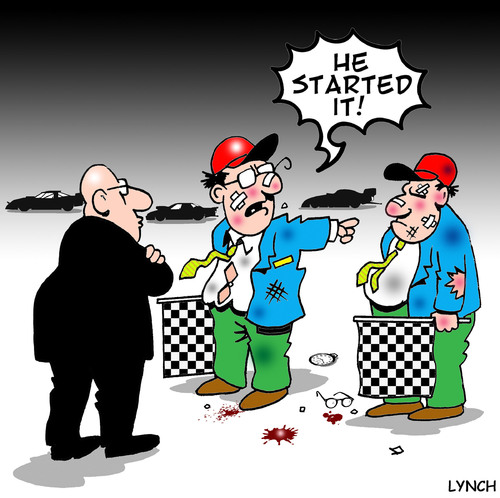 Cartoon: he started it (medium) by toons tagged car,racing,chequered,flag,drag,motor,f1,ferrari,v8,fighting,brawl,disagreements