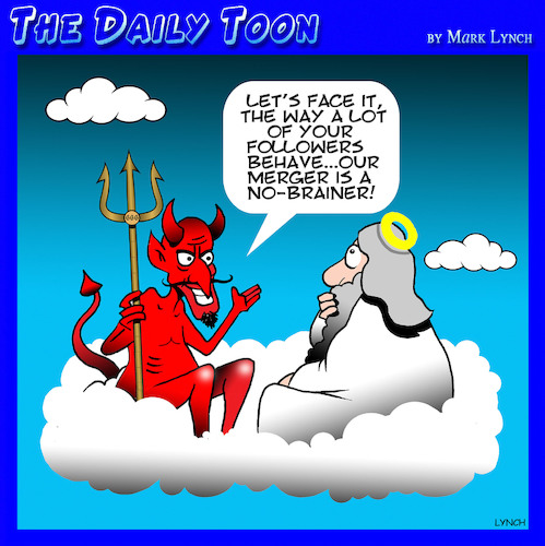 Cartoon: Heaven Hell merger (medium) by toons tagged mergers,acquisitions,sinners,religious,followers,mergers,acquisitions,sinners,religious,followers