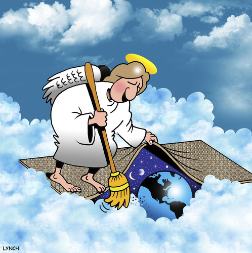 Cartoon: Heavens rubbish (medium) by toons tagged garbage,angels,sweeping,under,the,rug,cleaning,garbage,angels,sweeping,under,the,rug,cleaning