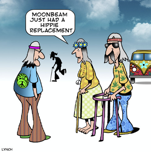 Cartoon: Hippie replacement (medium) by toons tagged hippies,hip,replacement,elective,surgery,the,sixties,walking,frame,old,age,pensioners