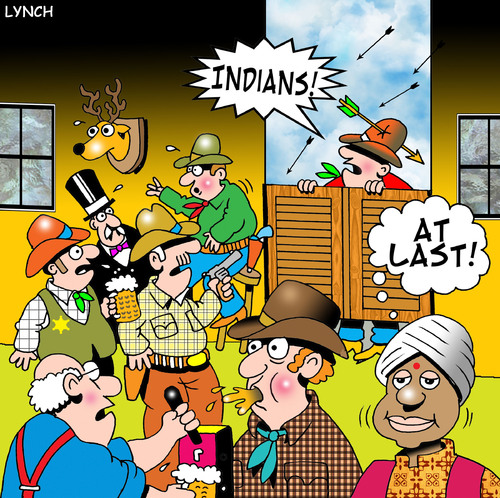 Cartoon: Indians (medium) by toons tagged india,cowboys,indians,turban,punjab,wild,west,saloons,beer,apaches,bow,and,arrow,westerns