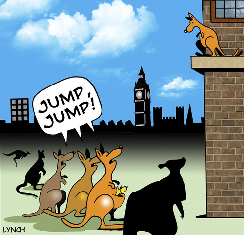 Cartoon: jump (medium) by toons tagged kangaroos,marsupials,suicide,animals,joeys,australia,architecture,jumping,trampoline