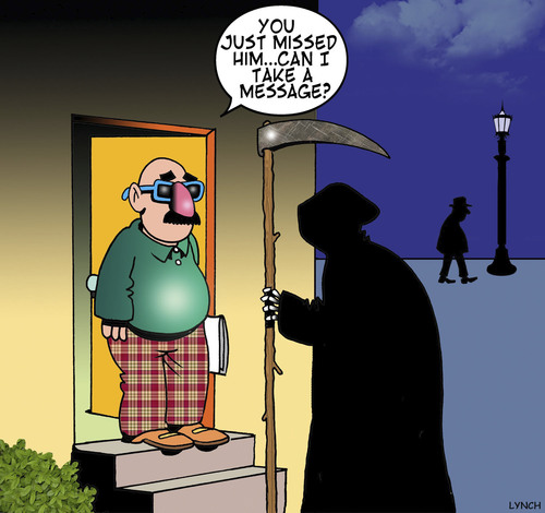 Cartoon: Just missed him (medium) by toons tagged disguise,angel,of,death,comes,calling,take,message