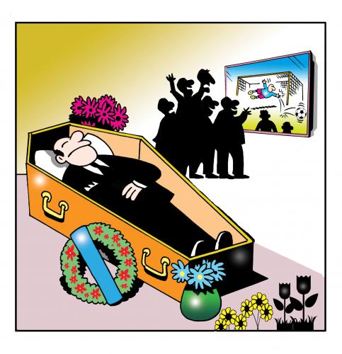 Cartoon: last rites (medium) by toons tagged football,soccer,funerals,coffins,fanatics,death,television,sports