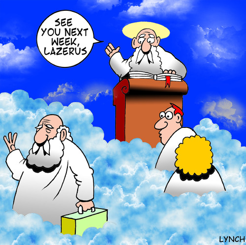Cartoon: Lazerus (medium) by toons tagged lazerus,god,heaven,religion,reincarnation,afterlife,old,age,angels,st,peter,gates,of