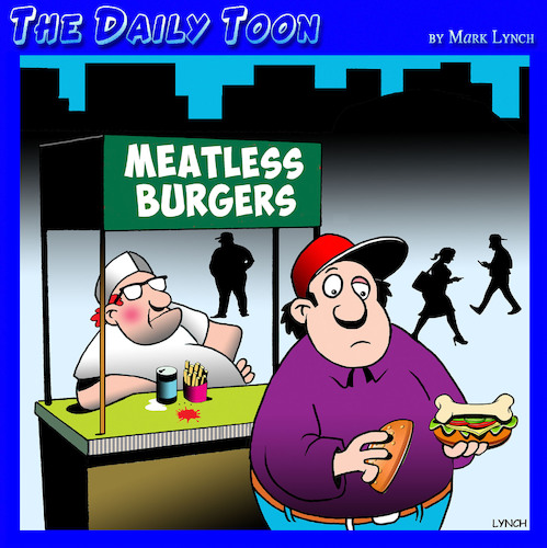 Cartoon: Meatless hamburgers (medium) by toons tagged vegans,meatless,products,artificial,beef,hamburgers,street,vendor,vegans,meatless,products,artificial,beef,hamburgers,street,vendor