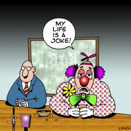 Cartoon: My life is a joke (medium) by toons tagged clowns,circus,pubs,jokes,bars,drinking,beer,depression,drunk,complaining,performer