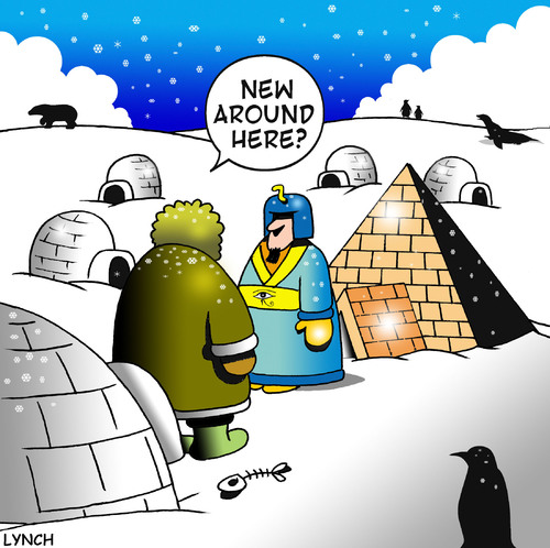 Cartoon: new around here (medium) by toons tagged pyramid,egypt,pharoh,eskimo,penguin,igloo,arctic,immigration,strangers,polar,bears,seals,housing