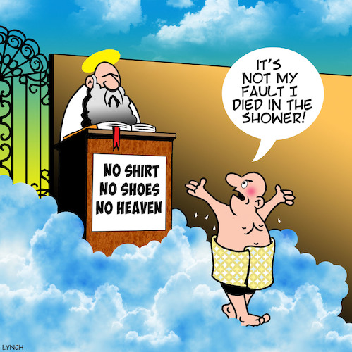 Cartoon: No shoes no entry (medium) by toons tagged pearly,gates,saint,peter,death,afterlife,no,entry,into,heaven,turned,away,died,in,the,shower,pearly,gates,saint,peter,death,afterlife,no,entry,into,heaven,turned,away,died,in,the,shower