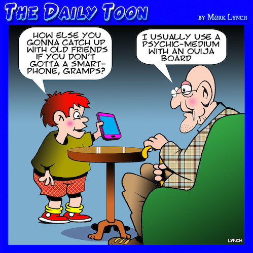 Cartoon: Ouija board (medium) by toons tagged dementia,afterlife,smart,phones,old,friends,ageing,dementia,afterlife,smart,phones,old,friends,ageing