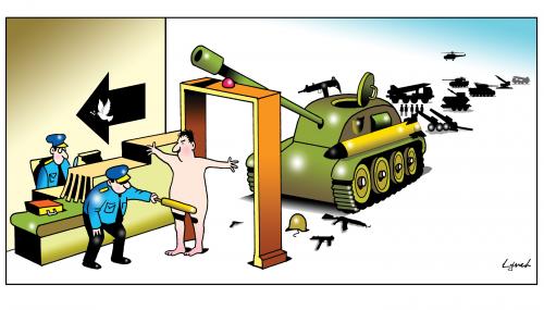 Cartoon: peace (medium) by toons tagged disarmament,nuclear,weapons,airport,security,military,power,tanks,rockets,baggage