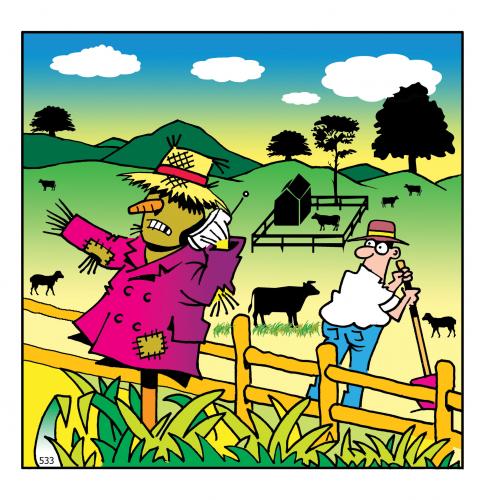 Cartoon: phone your scarecrow (medium) by toons tagged phones,farming,scarecrow