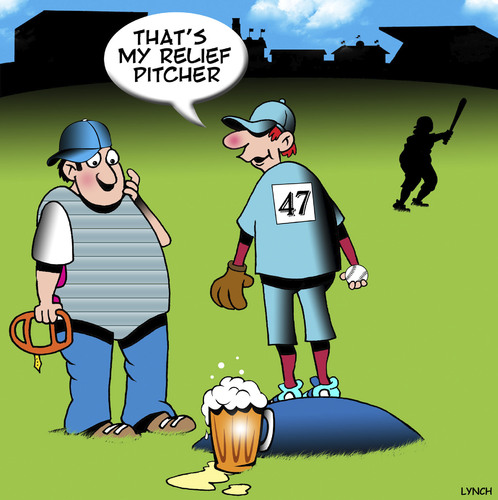 Cartoon: Relief pitcher (medium) by toons tagged baseball,pitcher,of,beer,umpire,baseball,pitcher,of,beer,umpire