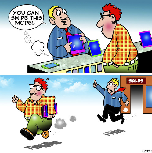 Cartoon: Shoplifting (medium) by toons tagged phone,sales,shoplifting,swiping,stealing,ipads,touchscreen,technology,phone,sales,shoplifting,swiping,stealing,ipads,touchscreen,technology