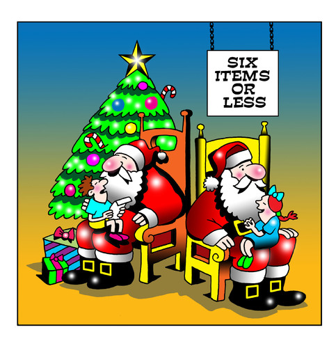 Cartoon: six items or less (medium) by toons tagged christmas,xmas,santa,gift,giving,supermarket,kris,kringle,yuletide,clause