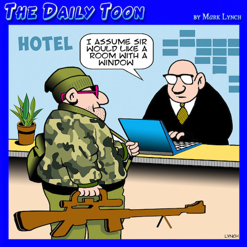 Cartoon: Sniper (medium) by toons tagged snipers,hotel,room,with,view,windows,snipers,hotel,room,with,view,windows