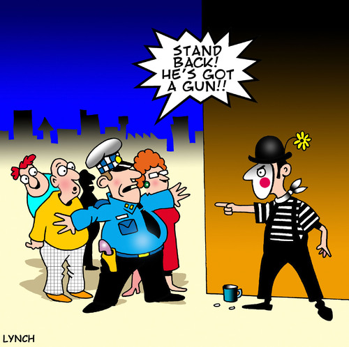 Cartoon: stand back (medium) by toons tagged mime,police,gun,control,street,performer,circus,entertainment