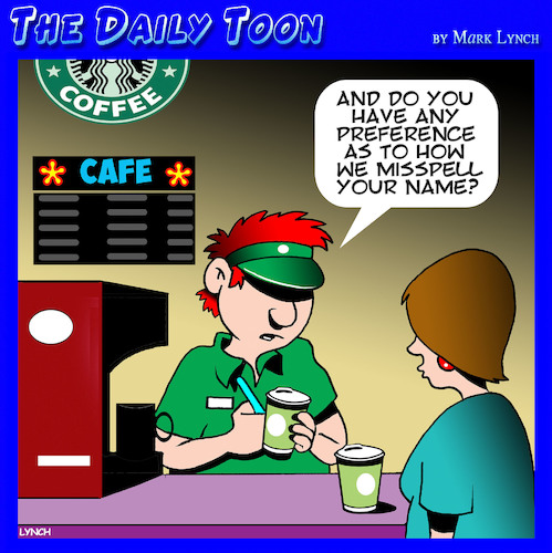Cartoon: Starbucks (medium) by toons tagged cafe,coffee,shops,misspelling,barista,cafe,coffee,shops,misspelling,barista
