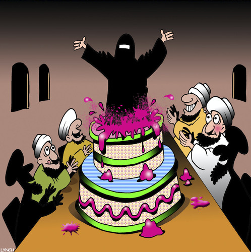 Cartoon: Surprise (medium) by toons tagged burqa,girl,in,cake,burka,stripper,bucks,party,burqa,girl,in,cake,burka,stripper,bucks,party